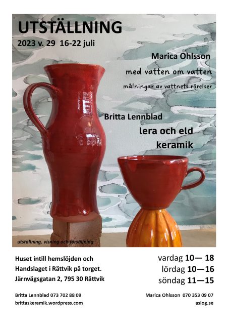 Britta och Marica i Rättvik, keramik lera och eld samt bilder om vatten med vatten – vattnets rörelser